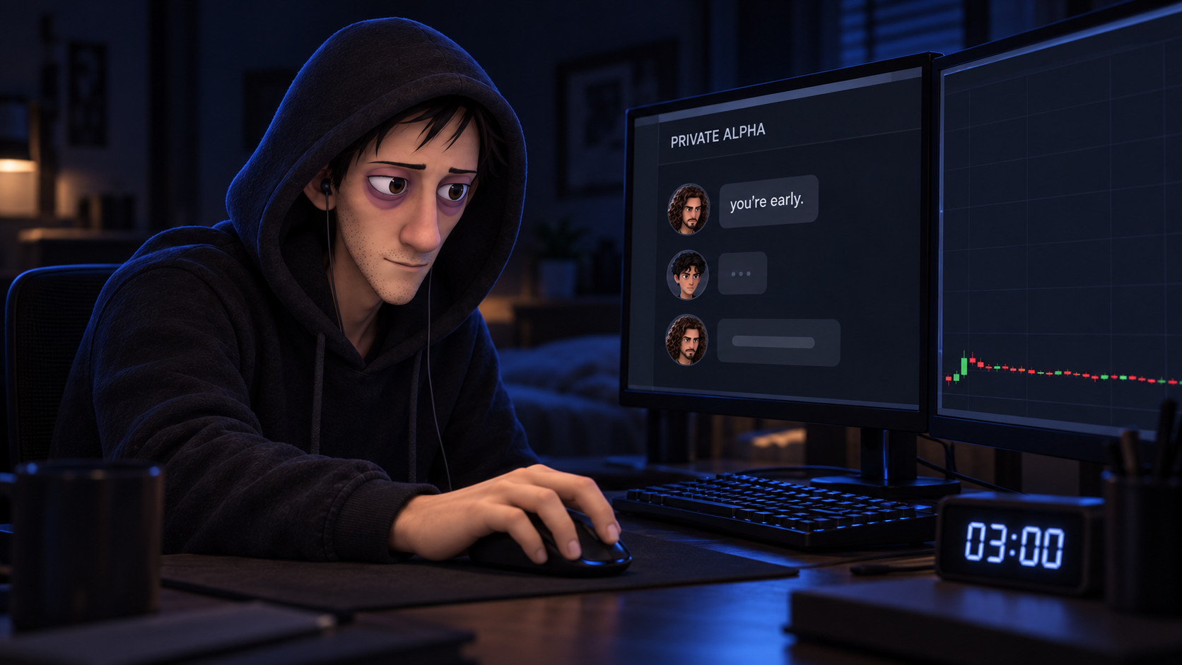 At 3:00 a.m. the Insider Guy sits at his desk reading a chat titled PRIVATE ALPHA where a message says “you’re early.”, a flat chart on the second monitor.