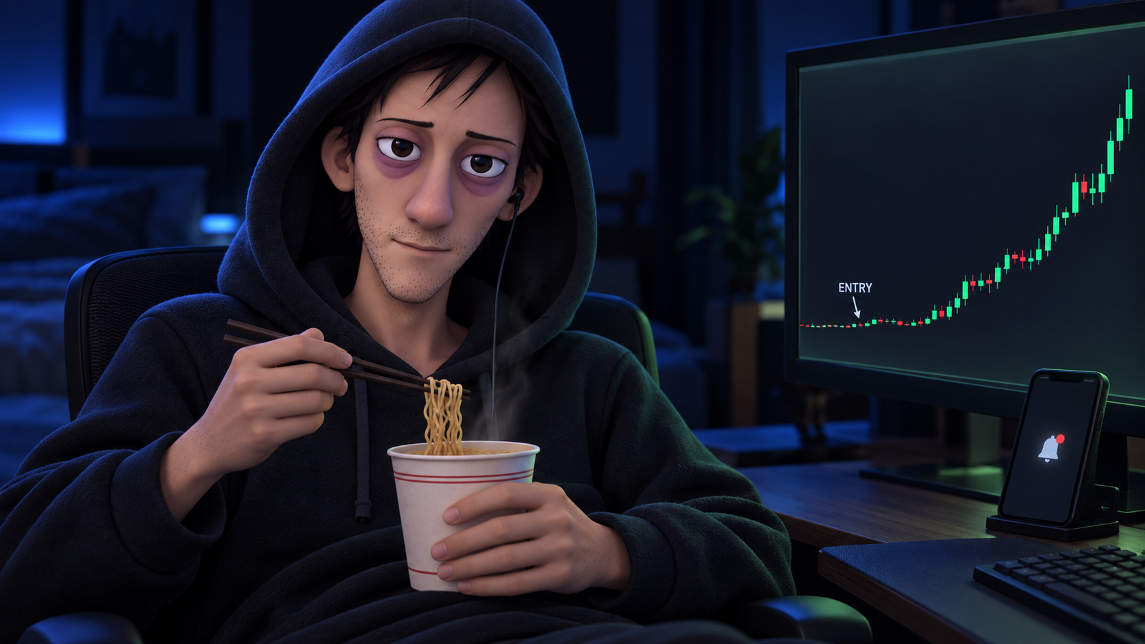 The Insider Guy leans back eating instant noodles with chopsticks and a faint smirk while the monitor beside him shows a candlestick chart running straight up from a point labeled ENTRY.