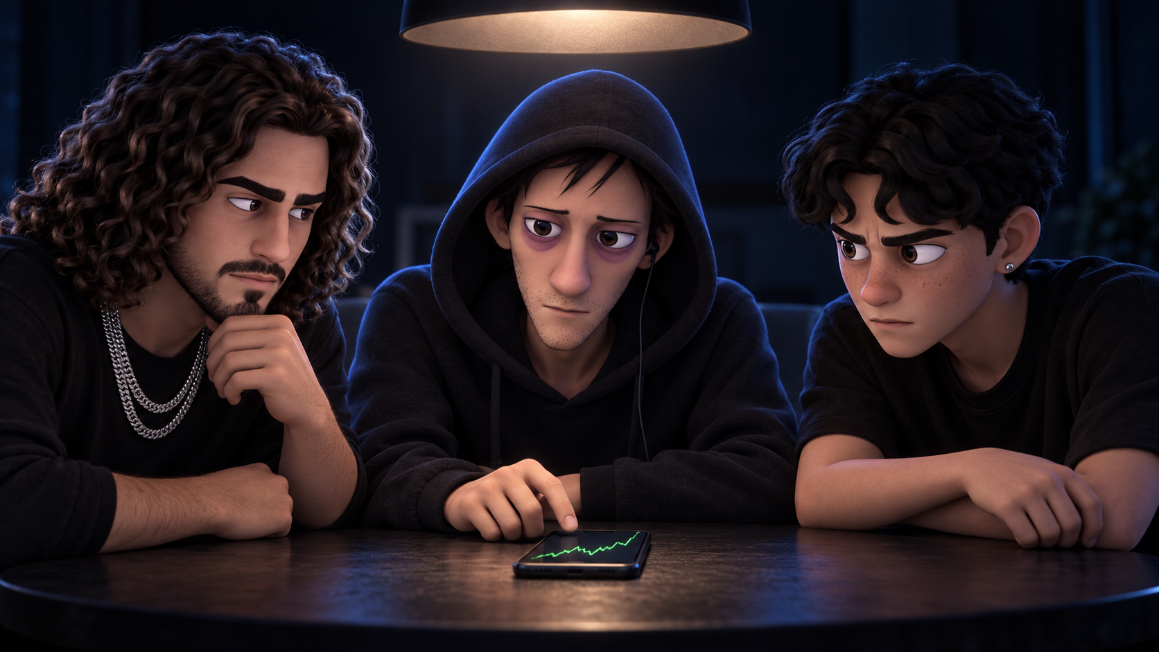 The Insider Guy in his black hood sits between two other insiders under a single hanging lamp, all three staring at a phone on the table showing a rising green chart.